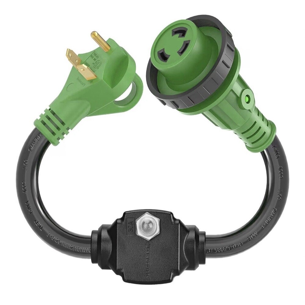 RVGUARD 30A Adapter Cord TT-30P to L5-30R 18in LED Breaker Green